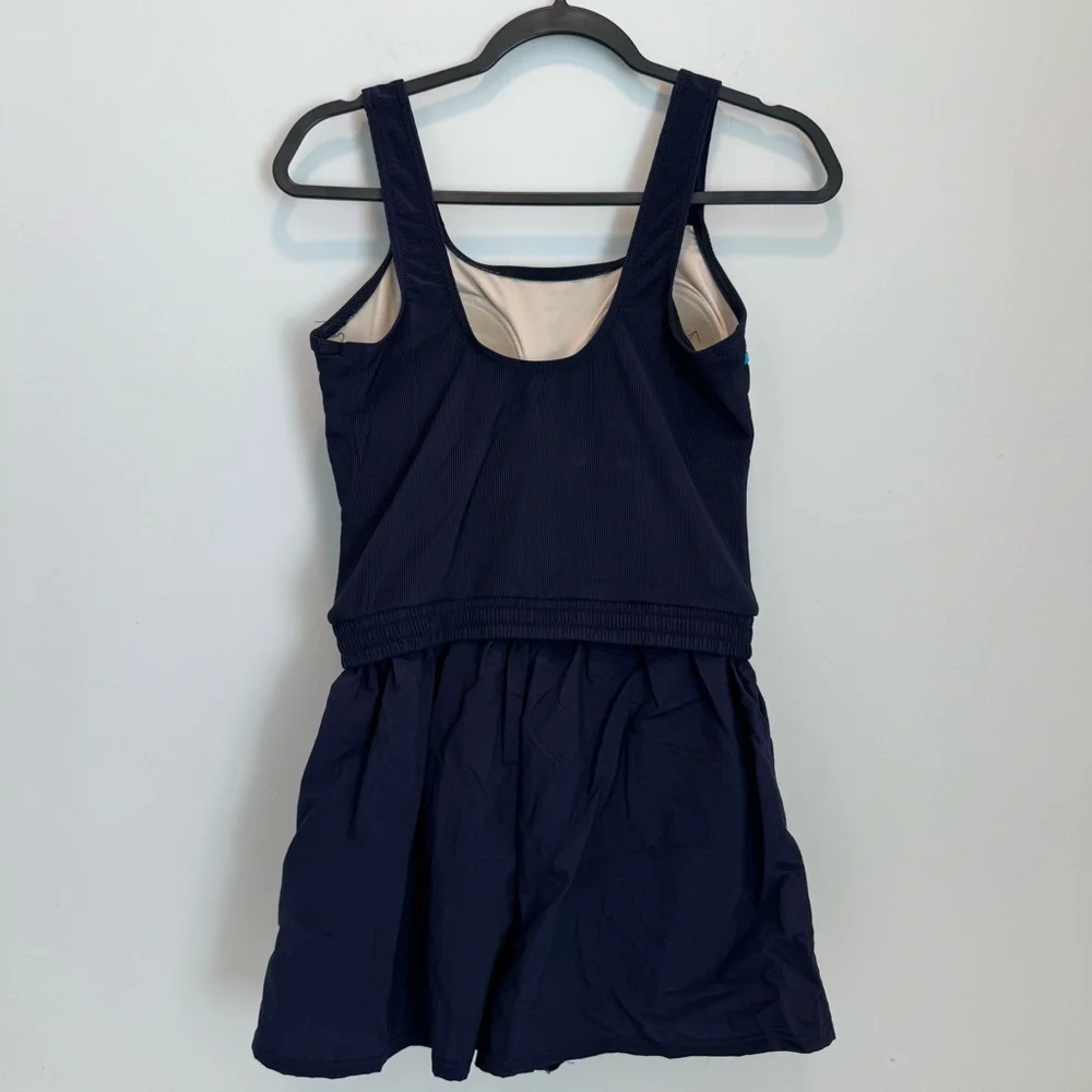 LL BEAN womens 1 pc SWIM SWIMMING SUIT SHORTS dark blue stripe BRA TOP size 14R